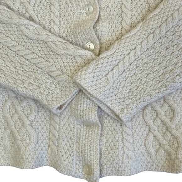 Paul James Sz L 100% Wool Chunky Cable Knit Cardigan Cream Fisherman Shrunken - Picture 15 of 16
